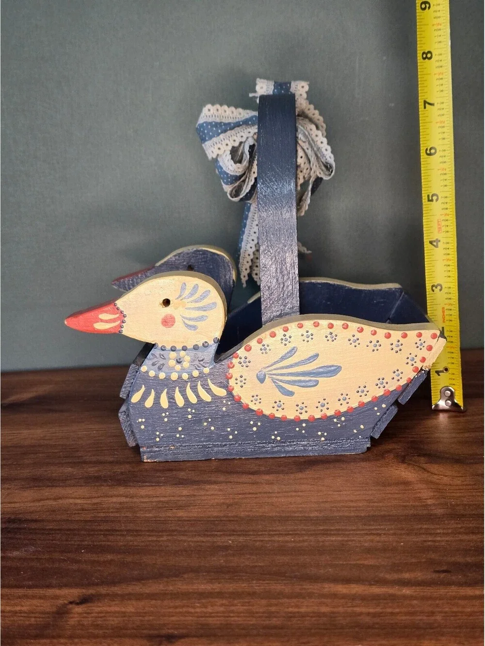 Vintage Wooden Duck Basket Blue Hand Painted Farmhouse Decorative Trug